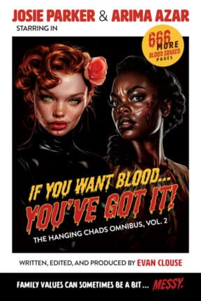 A book cover with two women in black and red.